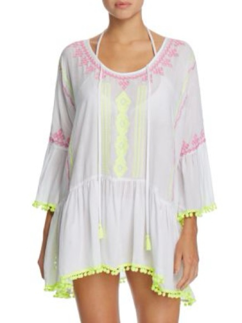 Surf Gypsy White Scoop Neck Embroidered Pom Pom Cover-Up Tunic Top Flowy Size M